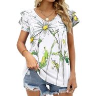 AILLOSA TH-415 V Yakalı Fırfırlı Baskılı Kısa Kollu Kadın T-shirt