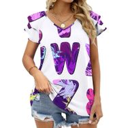 AILLOSA TH-417 V Yakalı Fırfırlı Baskılı Kısa Kollu Kadın T-shirt