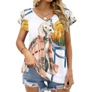 AILLOSA TH-418 V Yakalı Fırfırlı Baskılı Kısa Kollu Kadın T-shirt