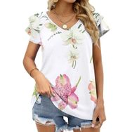 AILLOSA TH-419 V Yakalı Fırfırlı Baskılı Kısa Kollu Kadın T-shirt