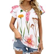 AILLOSA TH-420 V Yakalı Fırfırlı Baskılı Kısa Kollu Kadın T-shirt