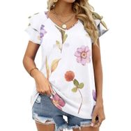 AILLOSA TH-421 V Yakalı Fırfırlı Baskılı Kısa Kollu Kadın T-shirt