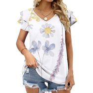 AILLOSA TH-422 V Yakalı Fırfırlı Baskılı Kısa Kollu Kadın T-shirt