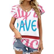 AILLOSA TH-425 V Yakalı Fırfırlı Baskılı Kısa Kollu Kadın T-shirt