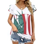 AILLOSA TH-426 V Yakalı Fırfırlı Baskılı Kısa Kollu Kadın T-shirt