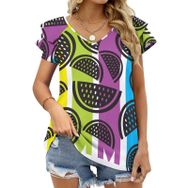 AILLOSA TH-427 V Yakalı Fırfırlı Baskılı Kısa Kollu Kadın T-shirt