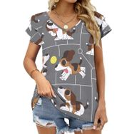AILLOSA TH-428 V Yakalı Fırfırlı Baskılı Kısa Kollu Kadın T-shirt