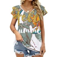 AILLOSA TH-430 V Yakalı Fırfırlı Baskılı Kısa Kollu Kadın T-shirt