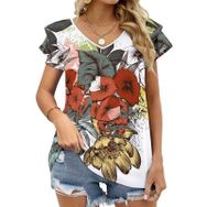 AILLOSA TH-431 V Yakalı Fırfırlı Baskılı Kısa Kollu Kadın T-shirt