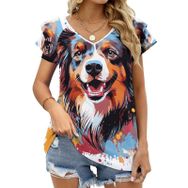 AILLOSA TH-432 V Yakalı Fırfırlı Baskılı Kısa Kollu Kadın T-shirt