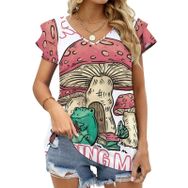 AILLOSA TH-434 V Yakalı Fırfırlı Baskılı Kısa Kollu Kadın T-shirt