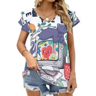 AILLOSA TH-435 V Yakalı Fırfırlı Baskılı Kısa Kollu Kadın T-shirt