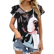 AILLOSA TH-436 V Yakalı Fırfırlı Baskılı Kısa Kollu Kadın T-shirt
