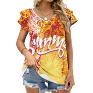 AILLOSA TH-437 V Yakalı Fırfırlı Baskılı Kısa Kollu Kadın T-shirt