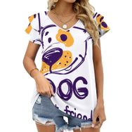AILLOSA TH-438 V Yakalı Fırfırlı Baskılı Kısa Kollu Kadın T-shirt