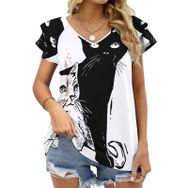AILLOSA TH-440 V Yakalı Fırfırlı Baskılı Kısa Kollu Kadın T-shirt