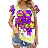 AILLOSA TH-441 V Yakalı Fırfırlı Baskılı Kısa Kollu Kadın T-shirt
