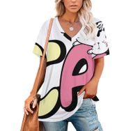 AILLOSA TH-442 Tamamı Baskılı Kısa Kollu V Yakalı Kadın T-shirt