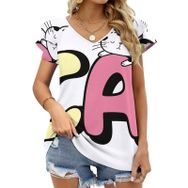 AILLOSA TH-442 V Yakalı Fırfırlı Baskılı Kısa Kollu Kadın T-shirt