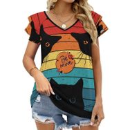 AILLOSA TH-443 V Yakalı Fırfırlı Baskılı Kısa Kollu Kadın T-shirt