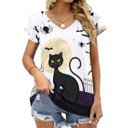 AILLOSA TH-444 V Yakalı Fırfırlı Baskılı Kısa Kollu Kadın T-shirt