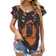 AILLOSA TH-445 V Yakalı Fırfırlı Baskılı Kısa Kollu Kadın T-shirt