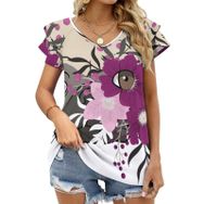 AILLOSA TH-446 V Yakalı Fırfırlı Baskılı Kısa Kollu Kadın T-shirt