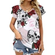 AILLOSA TH-447 V Yakalı Fırfırlı Baskılı Kısa Kollu Kadın T-shirt
