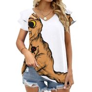 AILLOSA TH-448 V Yakalı Fırfırlı Baskılı Kısa Kollu Kadın T-shirt