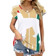 AILLOSA TH-449 V Yakalı Fırfırlı Baskılı Kısa Kollu Kadın T-shirt