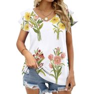 AILLOSA TH-450 V Yakalı Fırfırlı Baskılı Kısa Kollu Kadın T-shirt