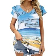 AILLOSA TH-451 V Yakalı Fırfırlı Baskılı Kısa Kollu Kadın T-shirt