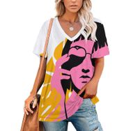 AILLOSA TH-452 Tamamı Baskılı Kısa Kollu V Yakalı Kadın T-shirt