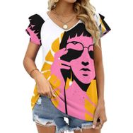 AILLOSA TH-452 V Yakalı Fırfırlı Baskılı Kısa Kollu Kadın T-shirt