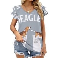 AILLOSA TH-455 V Yakalı Fırfırlı Baskılı Kısa Kollu Kadın T-shirt
