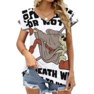 AILLOSA TH-456 V Yakalı Fırfırlı Baskılı Kısa Kollu Kadın T-shirt