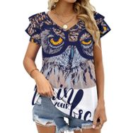 AILLOSA TH-457 V Yakalı Fırfırlı Baskılı Kısa Kollu Kadın T-shirt
