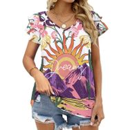 AILLOSA TH-460 V Yakalı Fırfırlı Baskılı Kısa Kollu Kadın T-shirt