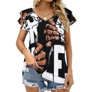 AILLOSA TH-461 V Yakalı Fırfırlı Baskılı Kısa Kollu Kadın T-shirt