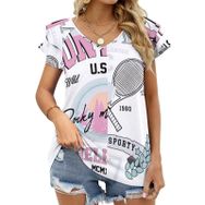 AILLOSA TH-462 V Yakalı Fırfırlı Baskılı Kısa Kollu Kadın T-shirt