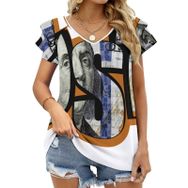 AILLOSA TH-463 V Yakalı Fırfırlı Baskılı Kısa Kollu Kadın T-shirt
