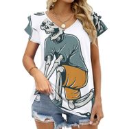 AILLOSA TH-464 V Yakalı Fırfırlı Baskılı Kısa Kollu Kadın T-shirt