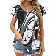 AILLOSA TH-467 V Yakalı Fırfırlı Baskılı Kısa Kollu Kadın T-shirt