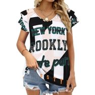 AILLOSA TH-468 V Yakalı Fırfırlı Baskılı Kısa Kollu Kadın T-shirt