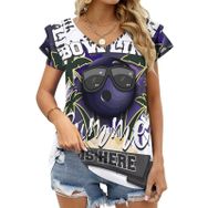 AILLOSA TH-469 V Yakalı Fırfırlı Baskılı Kısa Kollu Kadın T-shirt
