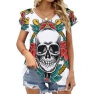AILLOSA TH-470 V Yakalı Fırfırlı Baskılı Kısa Kollu Kadın T-shirt