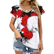 AILLOSA TH-475 V Yakalı Fırfırlı Baskılı Kısa Kollu Kadın T-shirt