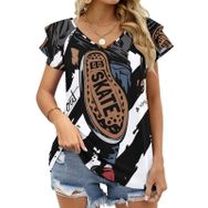 AILLOSA TH-478 V Yakalı Fırfırlı Baskılı Kısa Kollu Kadın T-shirt