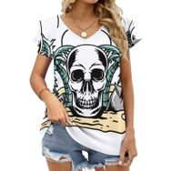 AILLOSA TH-480 V Yakalı Fırfırlı Baskılı Kısa Kollu Kadın T-shirt