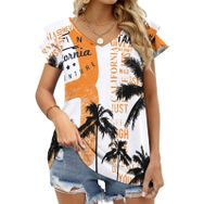 AILLOSA TH-481 V Yakalı Fırfırlı Baskılı Kısa Kollu Kadın T-shirt